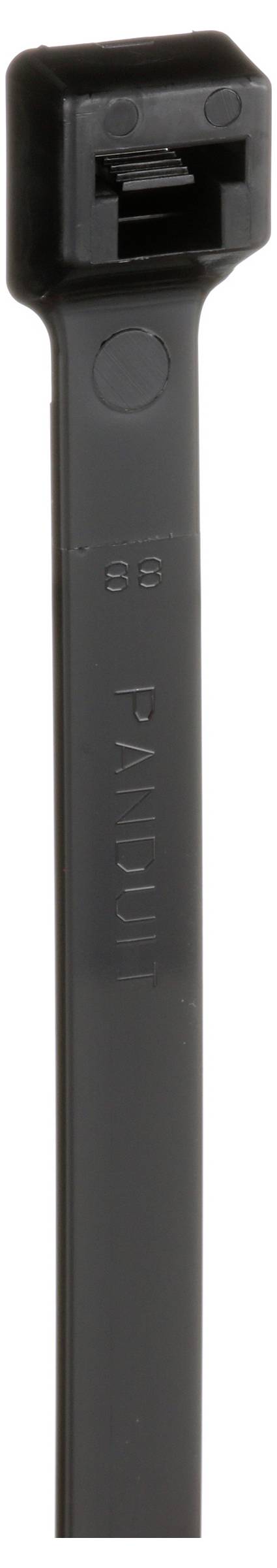 A close-up image of a black cable tie, showing the locking mechanism at the top. The tie is designed for securing cables or objects.