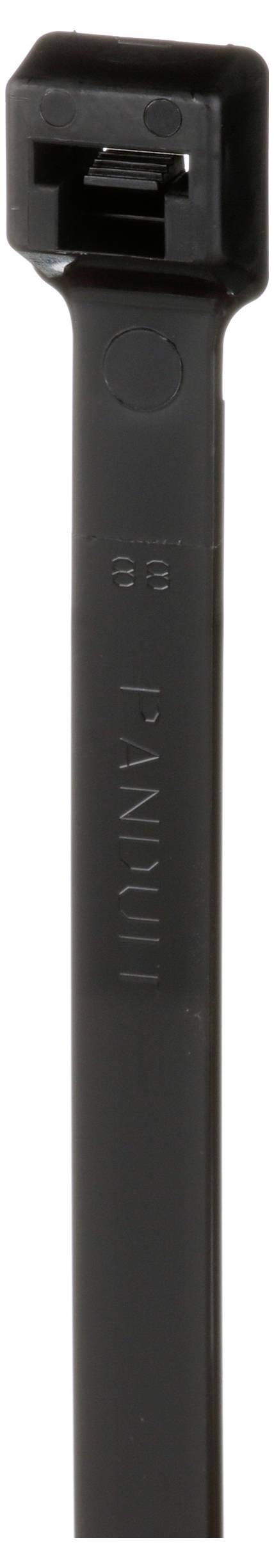 A close-up of a black cable tie with a rectangular locking head, showing ridges on the strap for securing cables or objects.
