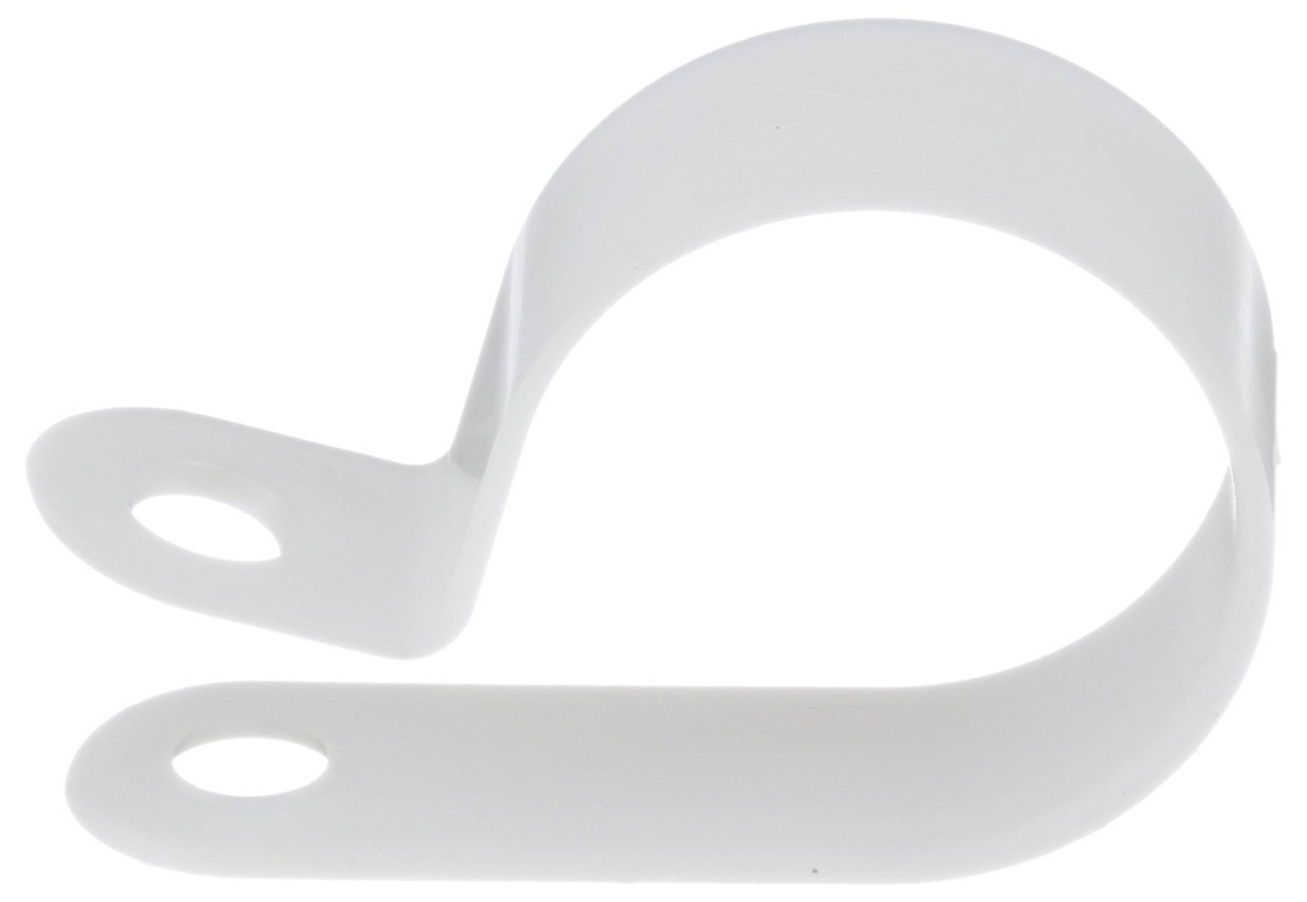 A white plastic hose clamp with two mounting holes, designed for securing hoses or cables.