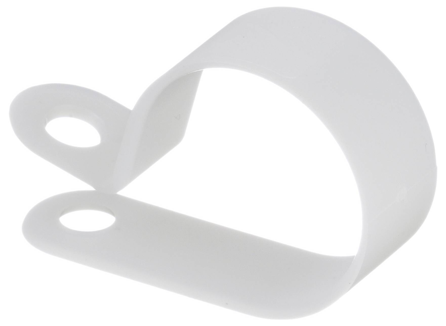 A white plastic cable clip with two holes for mounting, used to secure cables or wires to surfaces.