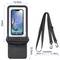 'Waterproof phone pouch dimensions: 13.5cm x 23cm, fits devices up to 7.5". Includes adjustable strap, 44cm-84cm. Suitable for underwater use.'