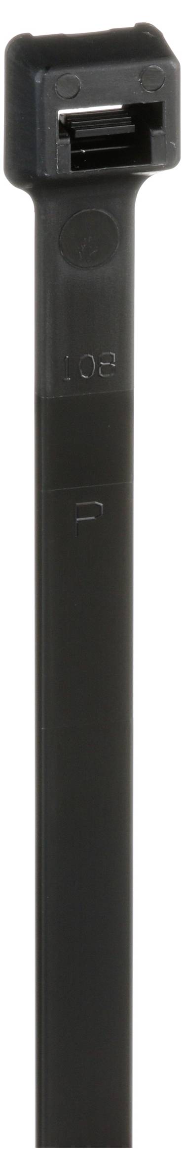 A black plastic zip tie with a square locking mechanism at the top, used for bundling or securing items together.