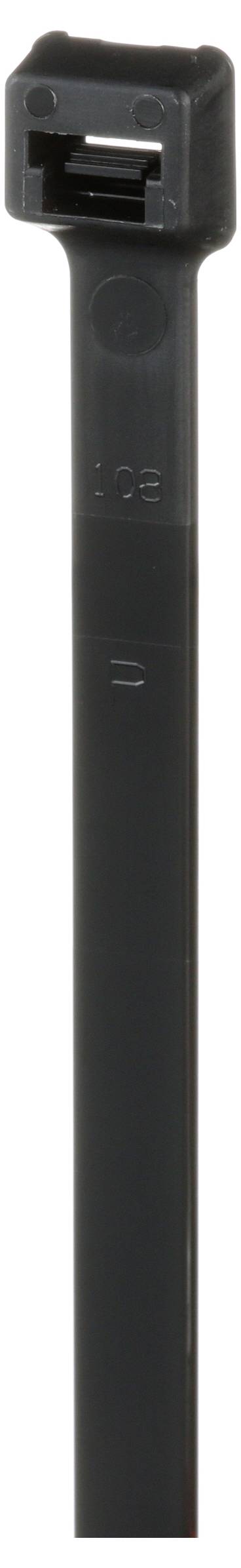A black zip tie with a rectangular head for fastening, commonly used for securing cables or bundling items together.