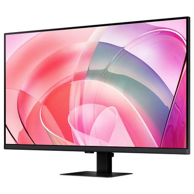 A sleek, modern computer monitor displaying a vibrant, abstract pink and purple digital art design on its screen.