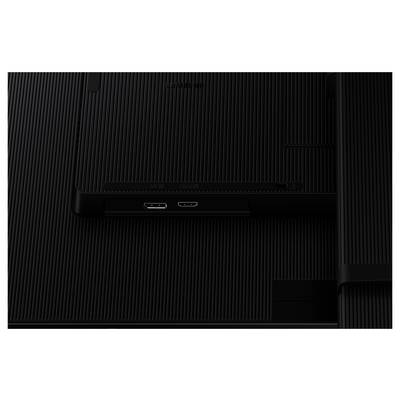 A close-up of the back of a black monitor showing two HDMI ports and a textured surface.