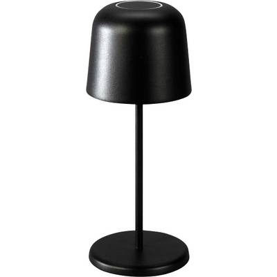 A sleek, modern black table lamp with a cylindrical shade and thin stand, suitable for contemporary home or office decor.