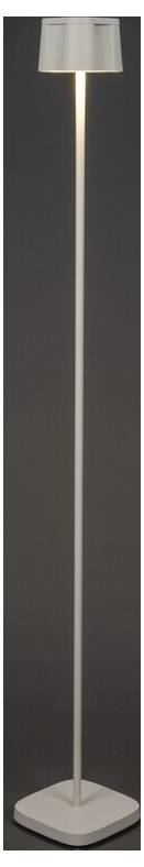 Tall, modern floor lamp with a slender white stem and a square base, emitting warm light from a small shade at the top.