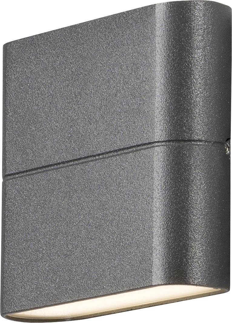 A modern, dark gray wall-mounted outdoor light fixture with a smooth, rectangular design, featuring light emitted from its bottom.