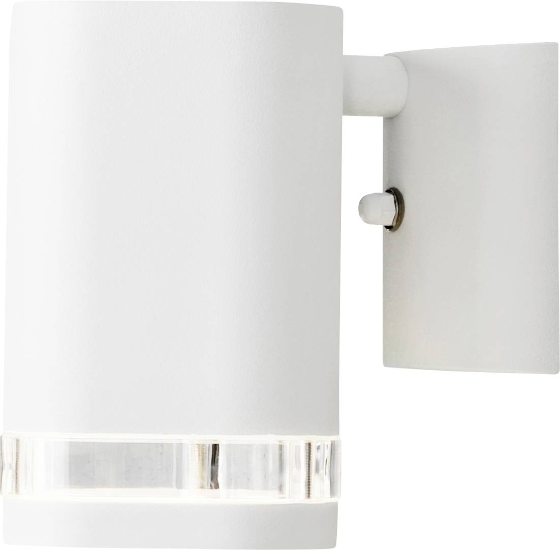 A modern white cylindrical wall sconce with a clear accent ring near the base, mounted on a rectangular backplate.