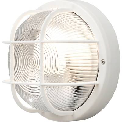 A round, white, wall-mounted light fixture with a frosted glass cover and protective metal grid, emitting warm light. Suitable for outdoor use.