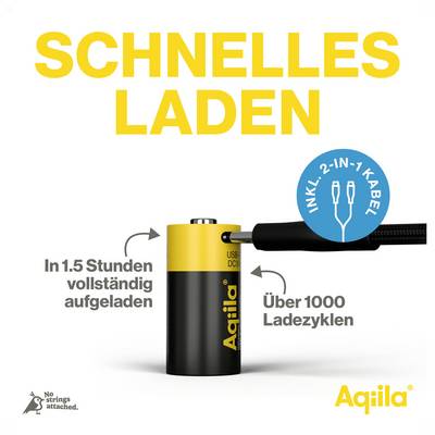'Fast Charging' is written at the top. A yellow and black battery by the brand Aqila, 'Incl. 2-in-1 Cable'. 'Fully charged in 1.5 hours.' 'Over 1000 charging cycles.'
