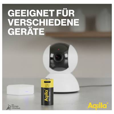 Security camera and battery from 'Aqila' on table. Text: 'Suitable for various devices'. Blurred device in background.