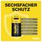 Yellow background with black text: 'SIX-FOLD PROTECTION'. Underneath a battery with a listing of protective features such as overcharge protection.