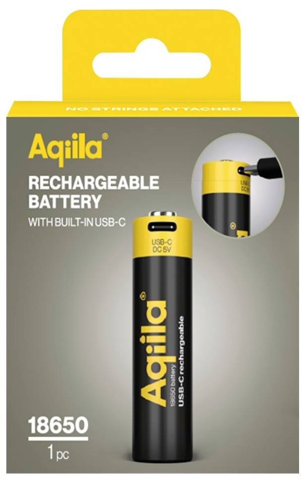 'USB-C rechargeable 18650 battery, Aqila brand, black with yellow top, labeled for 5V DC.'