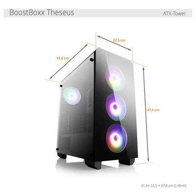 'A black BoostBoxx Theseus ATX tower with three front RGB fans, transparent side panel, and dimensions: 41.6 cm x 22.5 cm x 47.4 cm.'