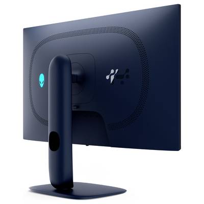 Monitor back view showing ports and branding icons, including a USB, HDMI, and power connection.