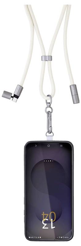 A smartphone hangs from a beige lanyard, displayed upside down with a dark, minimalistic lock screen showing the time '12:02.'