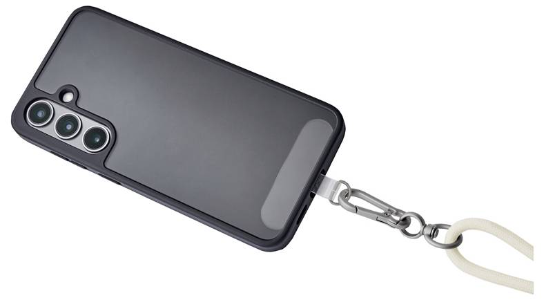 A smartphone with a triple camera setup in a black case, attached to a beige lanyard via a metal clip. The phone is angled on its side.