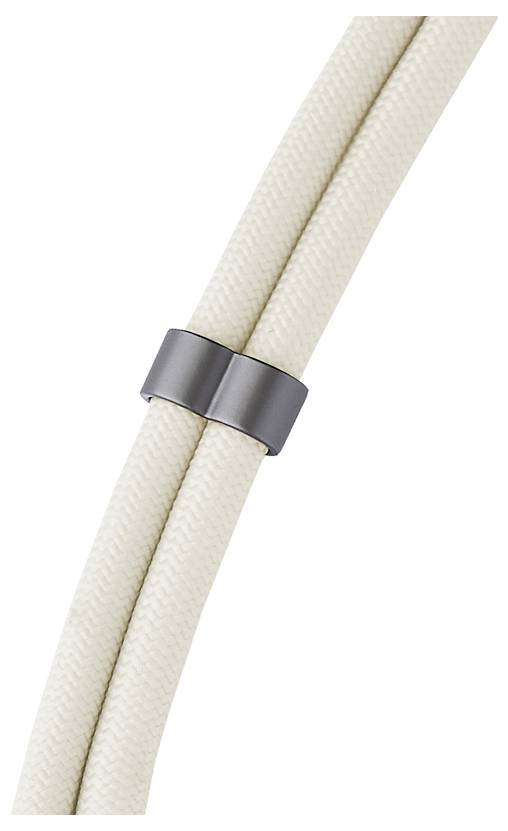 Two beige braided cables secured together with a black clip.