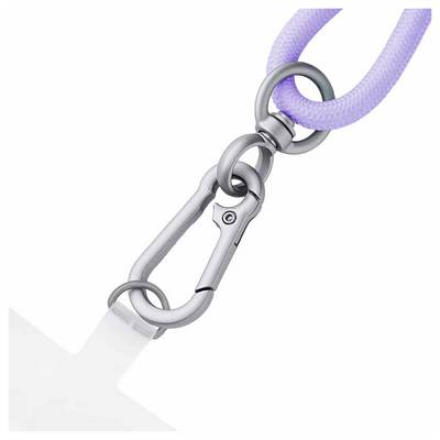 A purple lanyard with a metal carabiner attached.