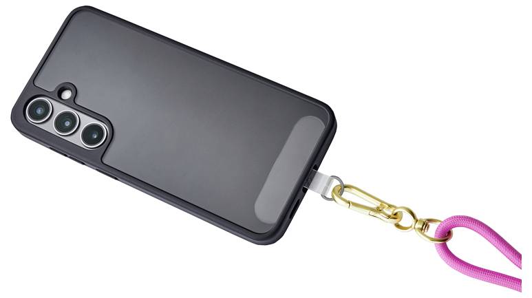 'A black smartphone case with three camera openings, attached to a pink strap via a gold clip.'