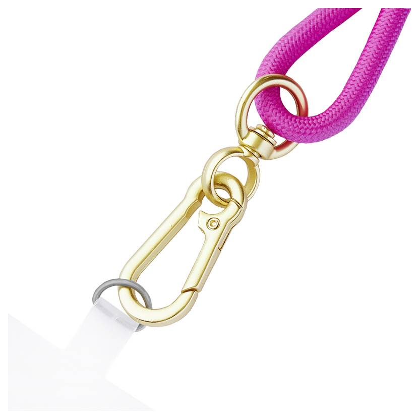 A pink lanyard with a gold and silver metal clasp.