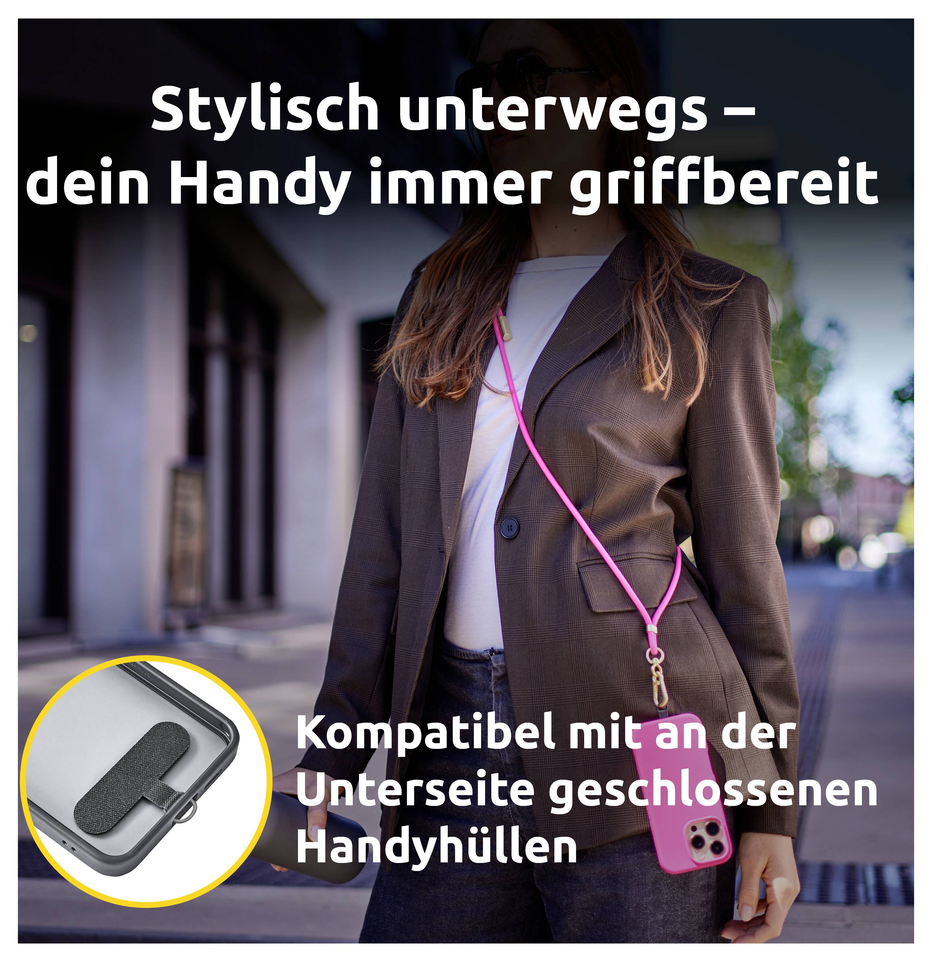 A person wearing a suit walks outside, holding a smartphone with a pink strap. Text highlights phone accessibility and case compatibility.