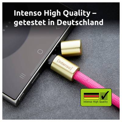 'Intenso High Quality – getestet in Deutschland' is written above a smartphone with gold and pink headphones plugged in, featuring the Intenso logo.