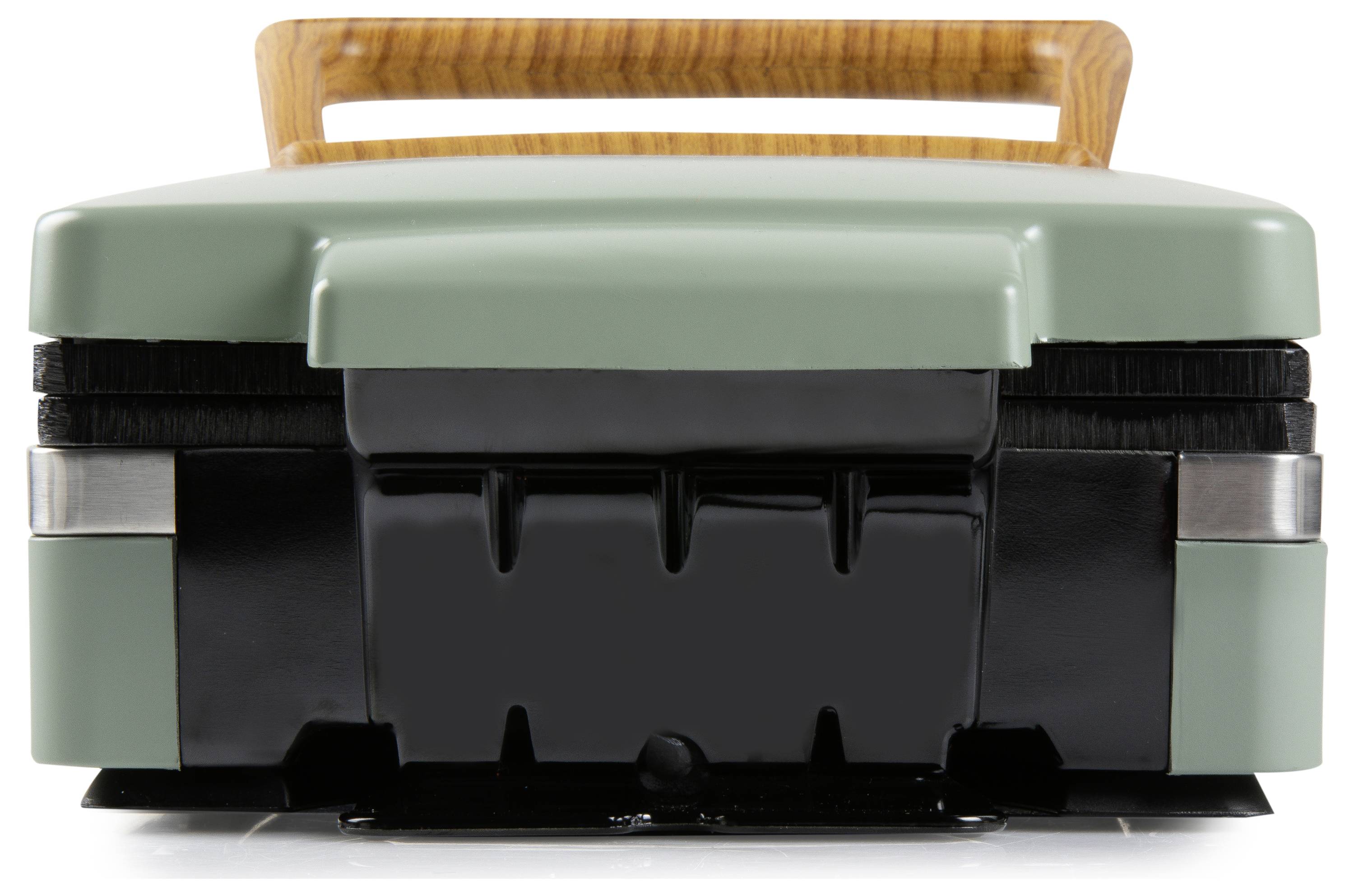 A retro-style, green waffle maker with a wooden handle, seen from the side, showing a modern design blending vintage aesthetics.