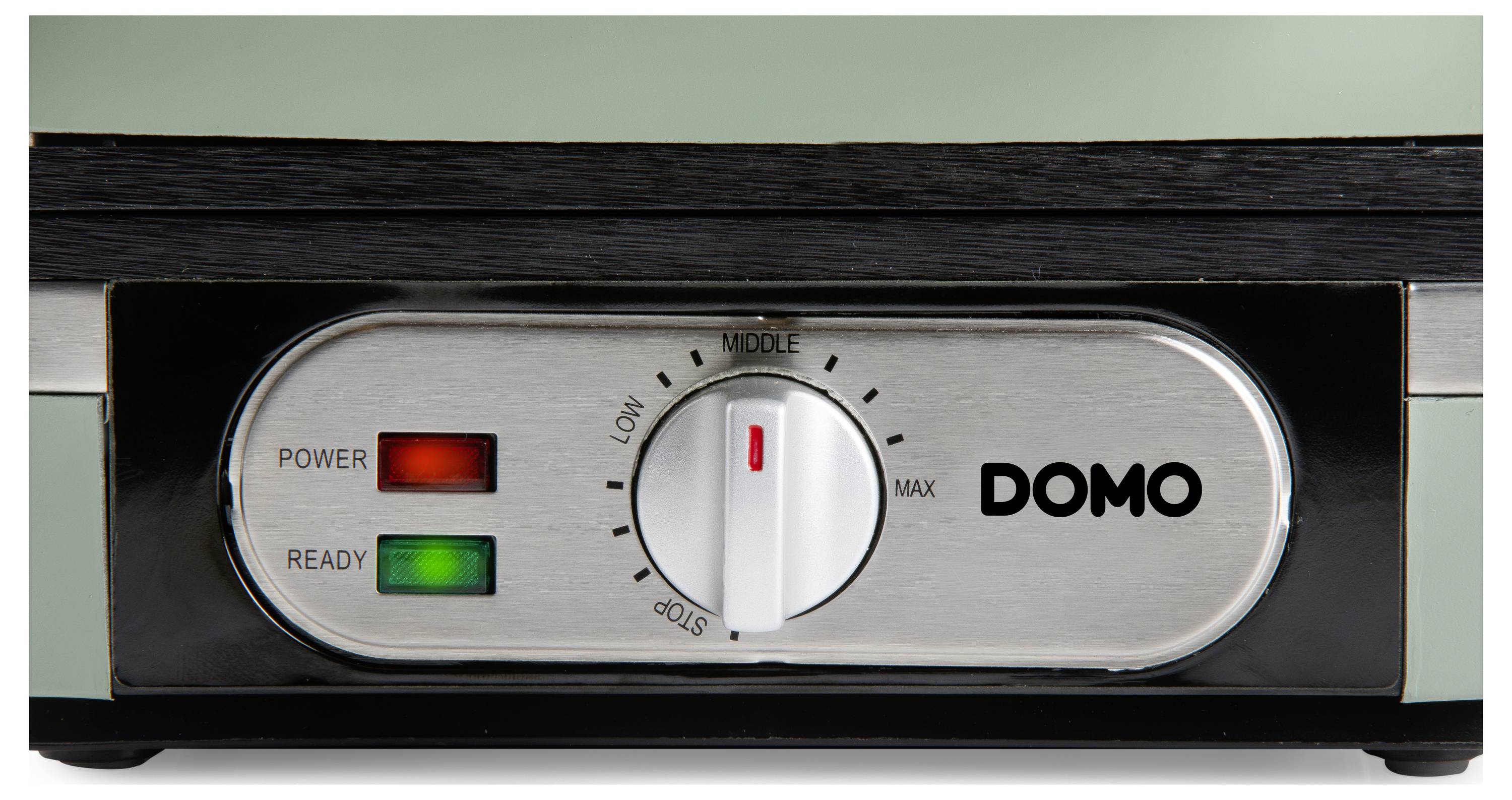 'A close-up of a control panel on a device with a knob labeled from 'Stop' to 'Max,' and indicator lights labeled 'Power' and 'Ready.''