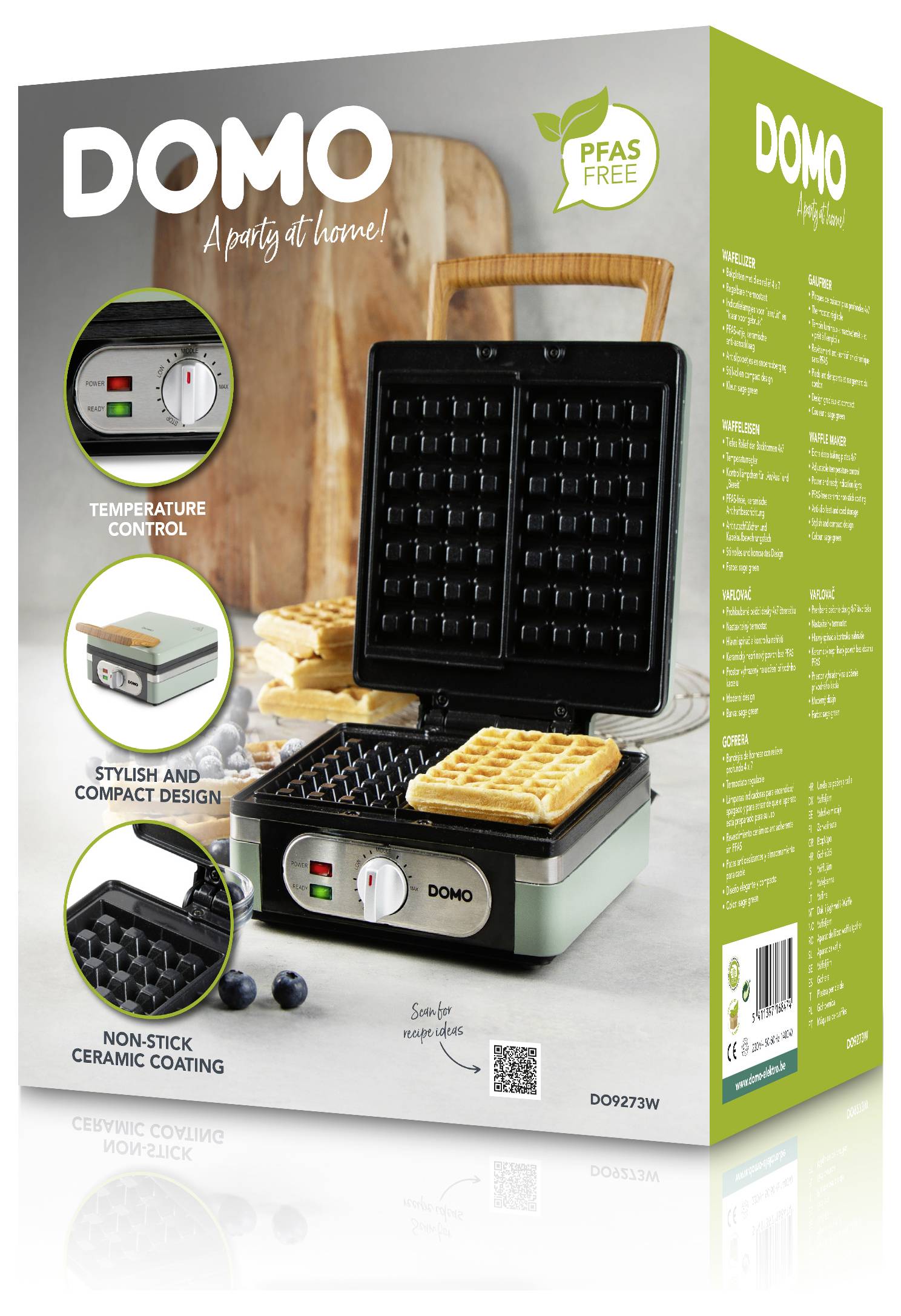 'Domo' waffle maker box with images showing temperature control, stylish design, and non-stick ceramic coating; labeled 'PFAS free'.