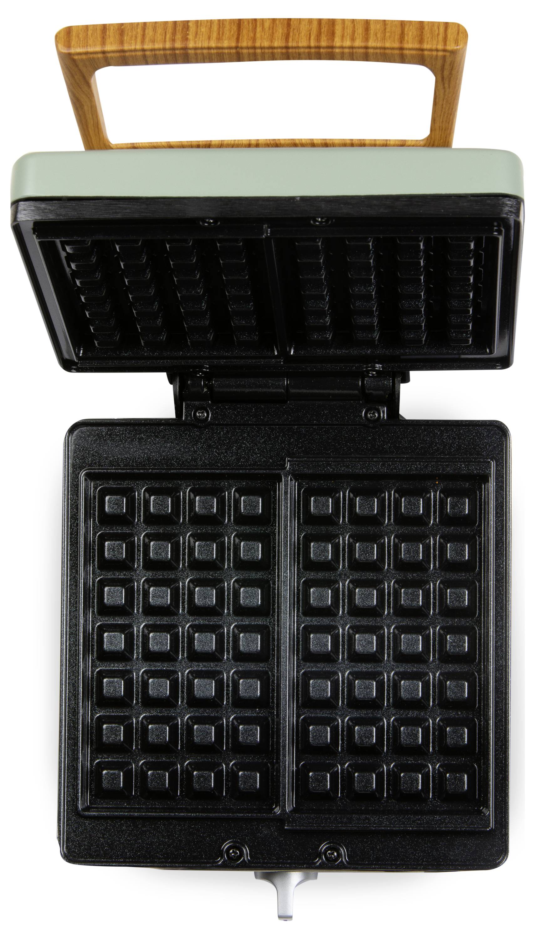 An open waffle maker with two square grids. The top has a wooden handle. It's ready to cook waffles.