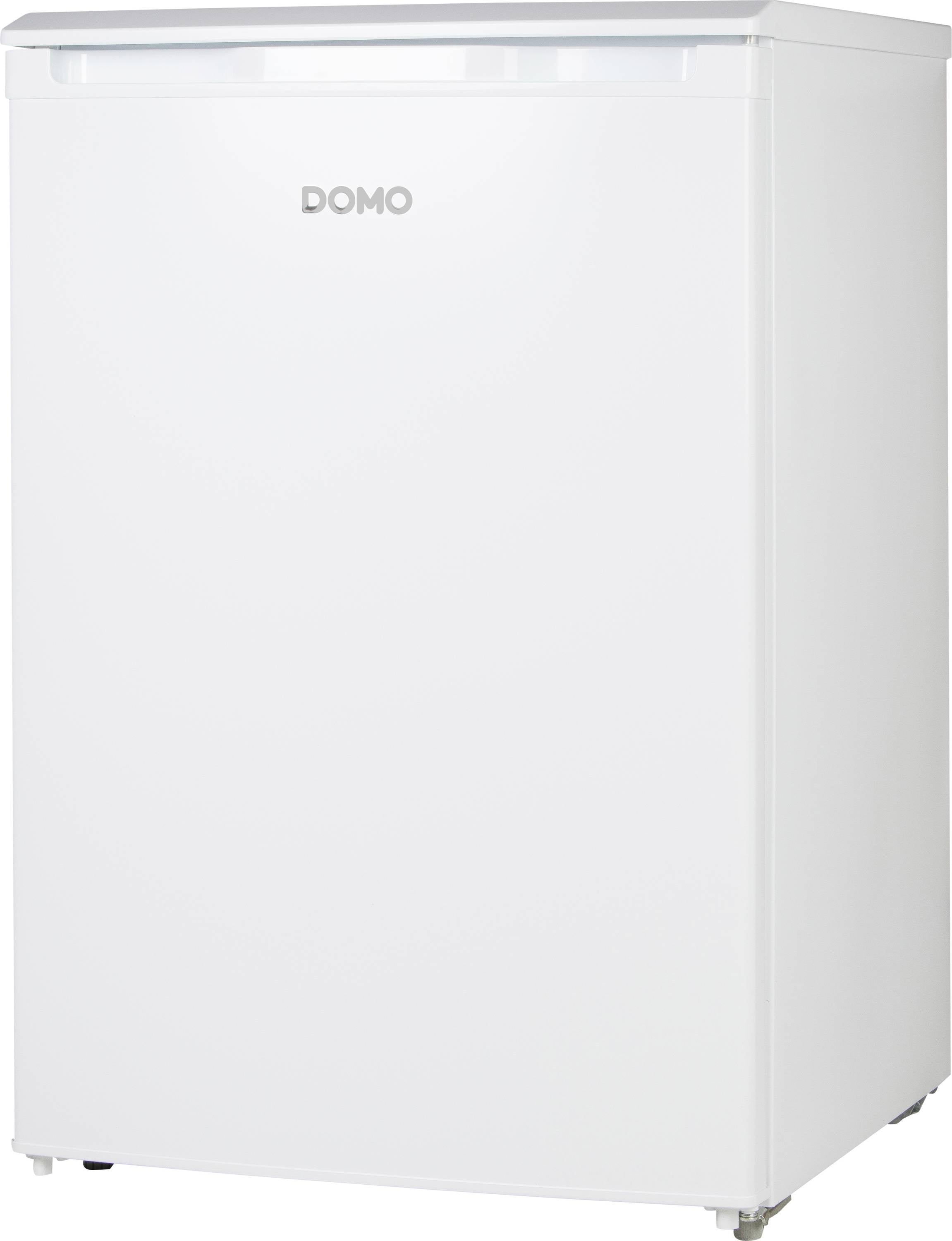 A white single-door refrigerator with 'DOMO' printed on the front is shown. It has a simple, clean design with a flat top and small feet.
