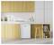 A modern kitchen with light wood cabinets, white subway tile backsplash, and a small white refrigerator under the counter next to a wooden stool.