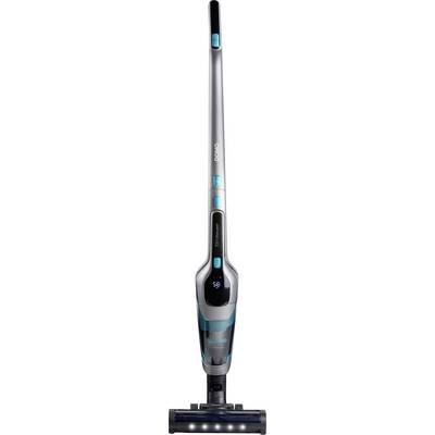 A sleek cordless vacuum cleaner with a long handle and LED-lit floor head, featuring blue accents and digital controls on the main body.