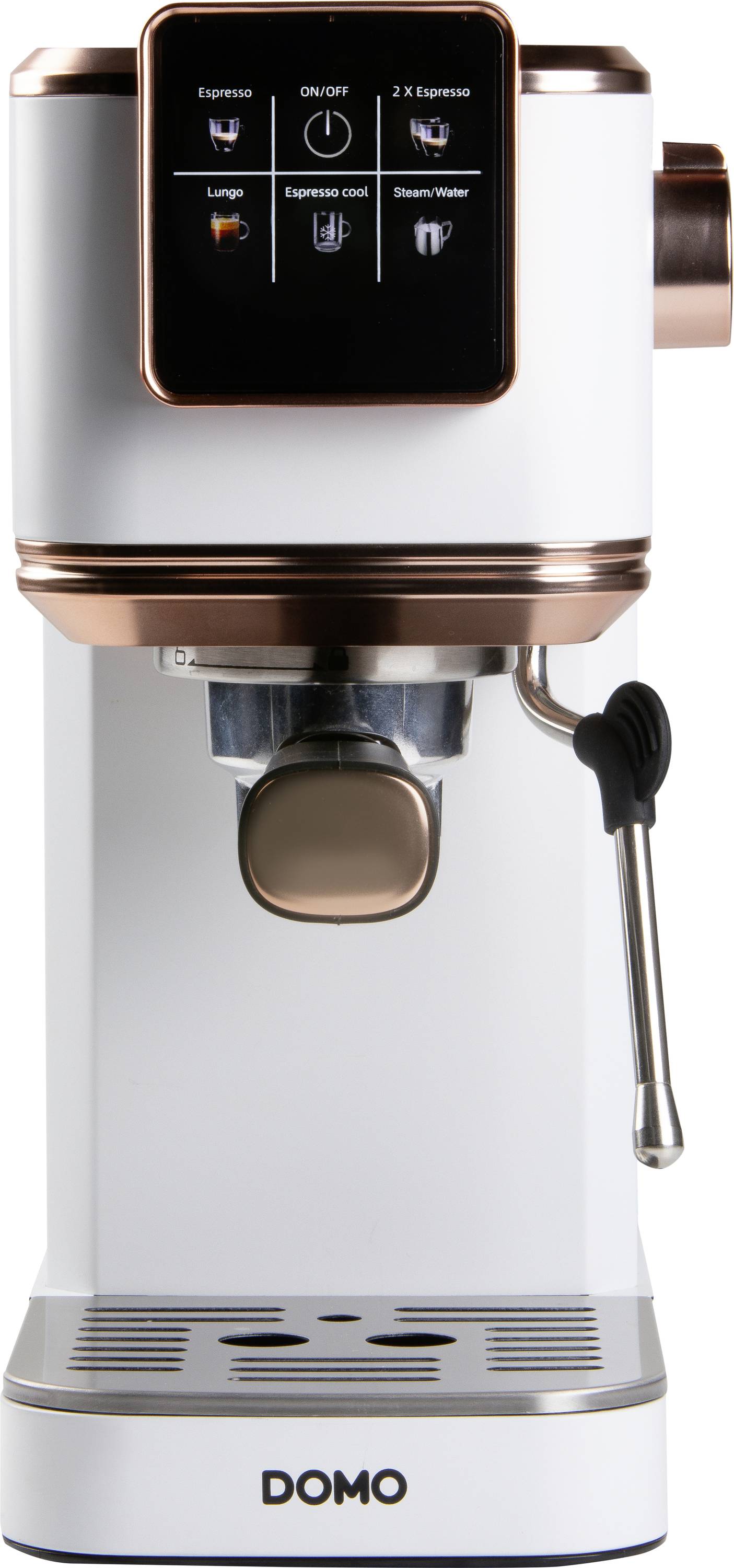 'A sleek white espresso machine with copper accents featuring buttons for espresso, lungo, and steam functions on the front panel.'