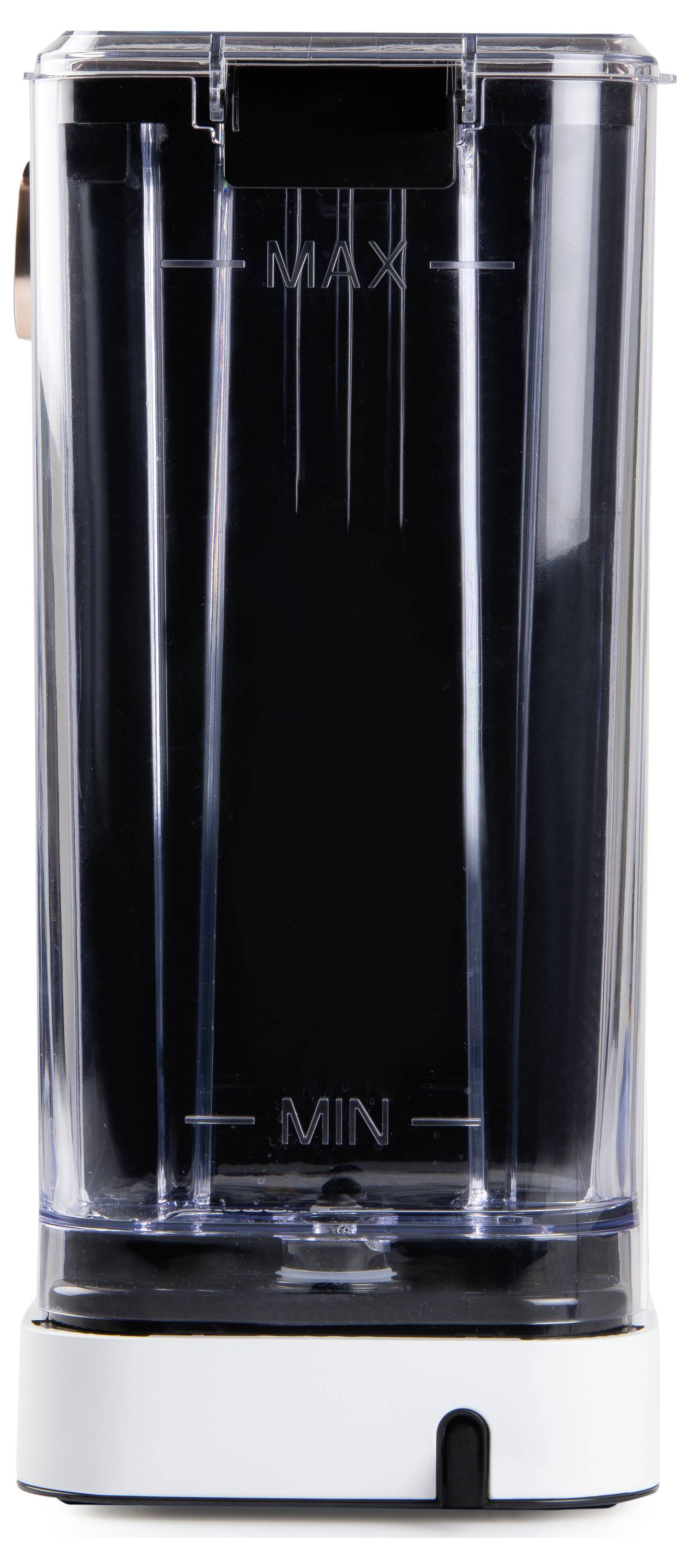 A transparent blender jar with 'MAX' and 'MIN' markings, set on a white base.