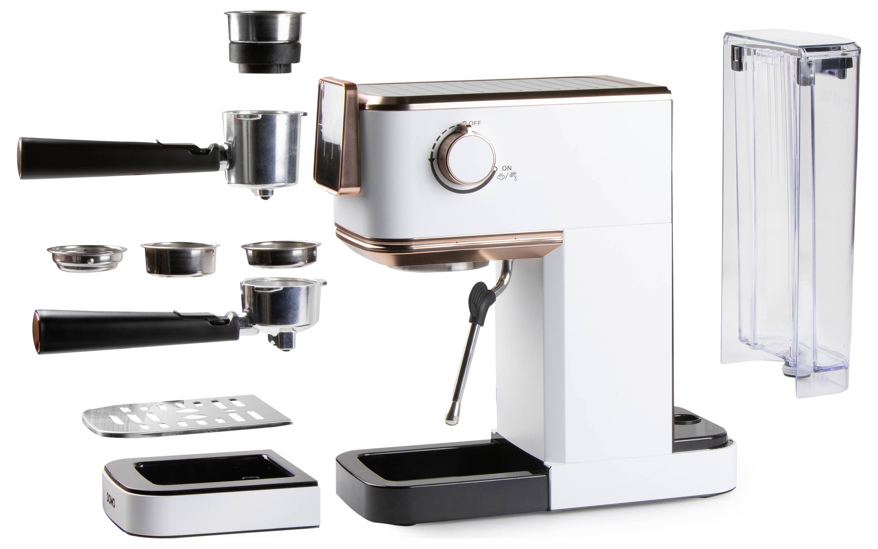 'White espresso machine with copper accents, portafilters, filter baskets, and a detachable water tank, highlighting included components.'