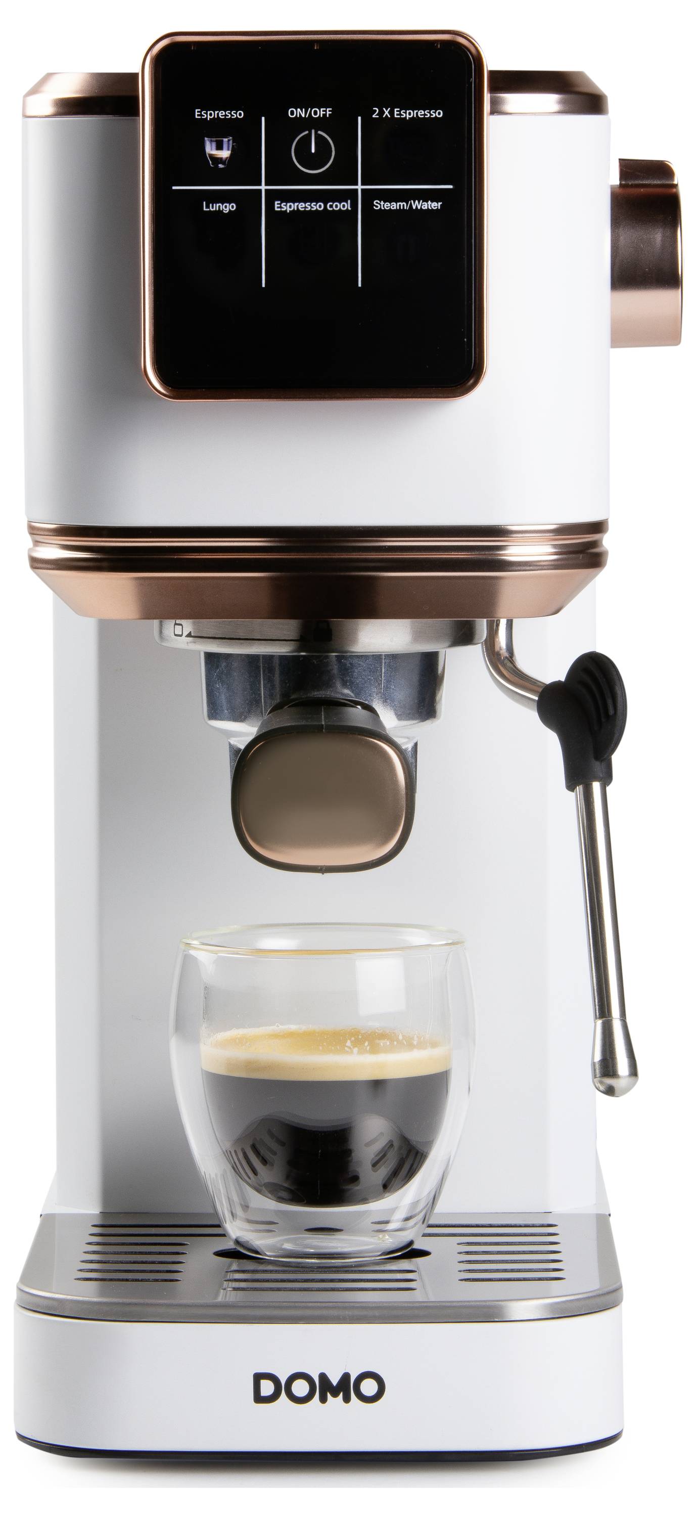 Compact white and bronze coffee machine with digital display showing espresso options, a single espresso being brewed into a glass cup.