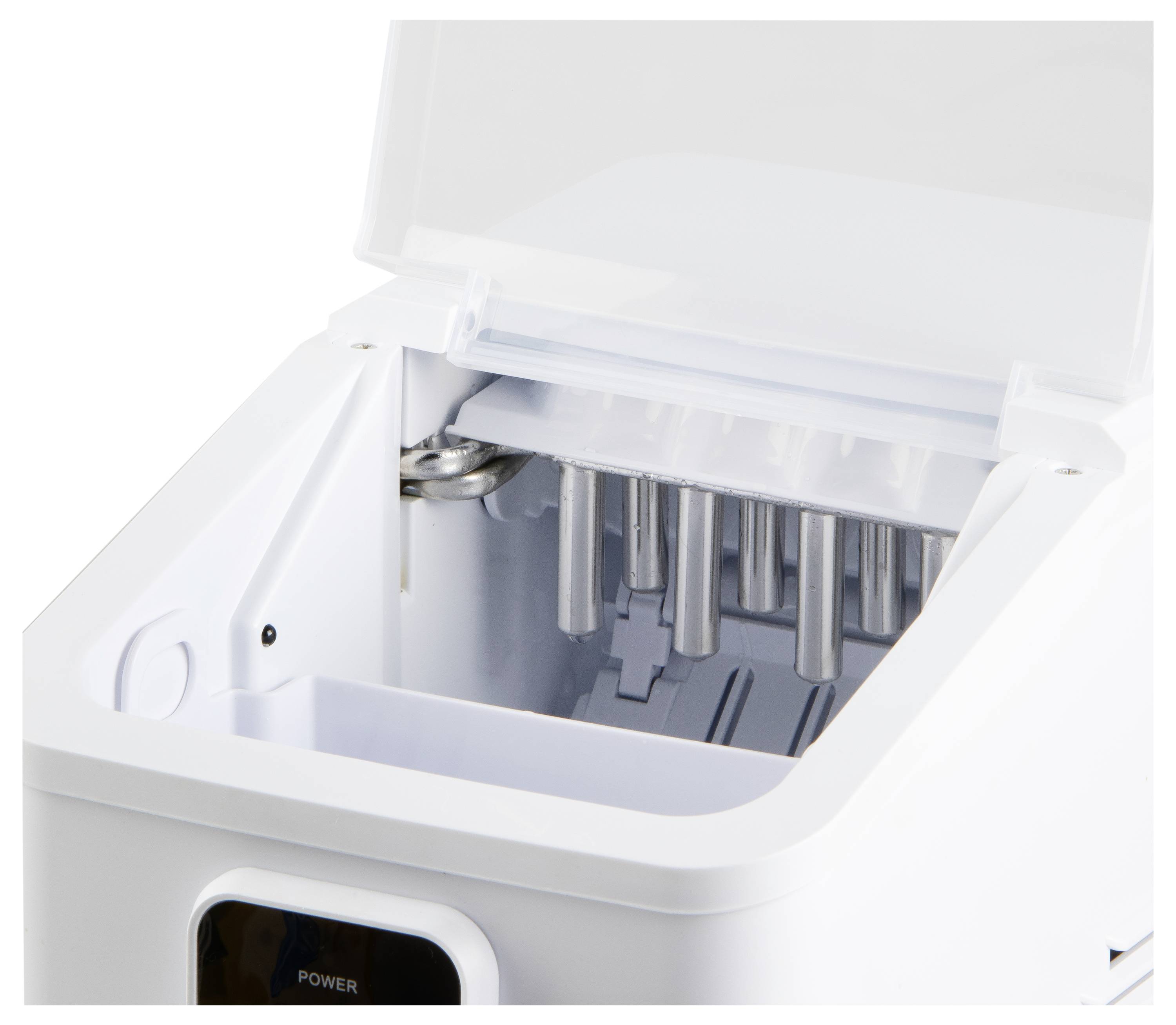 An open white ice maker with transparent lid, showing metal prongs and ice compartment.