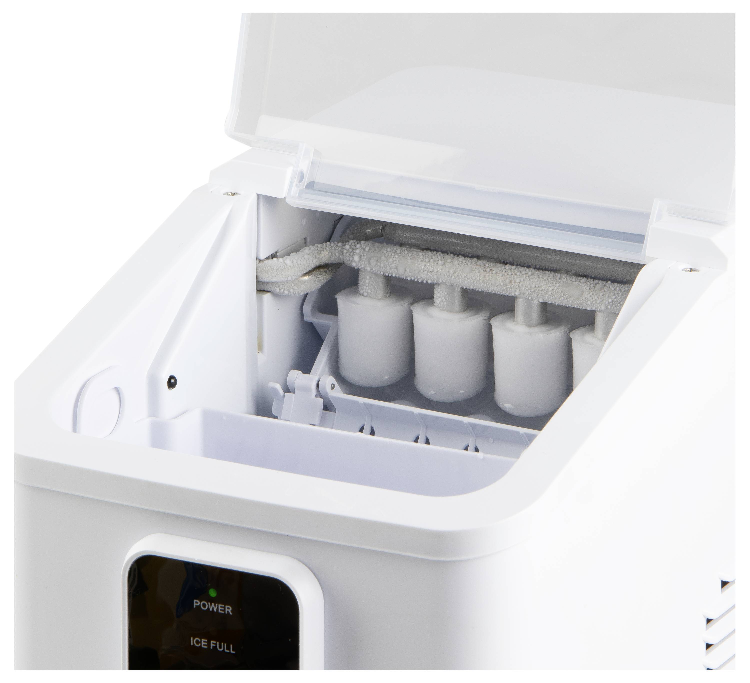 Portable ice maker machine with open lid, showing ice cubes being formed inside. Control panel on the side with power indicator.