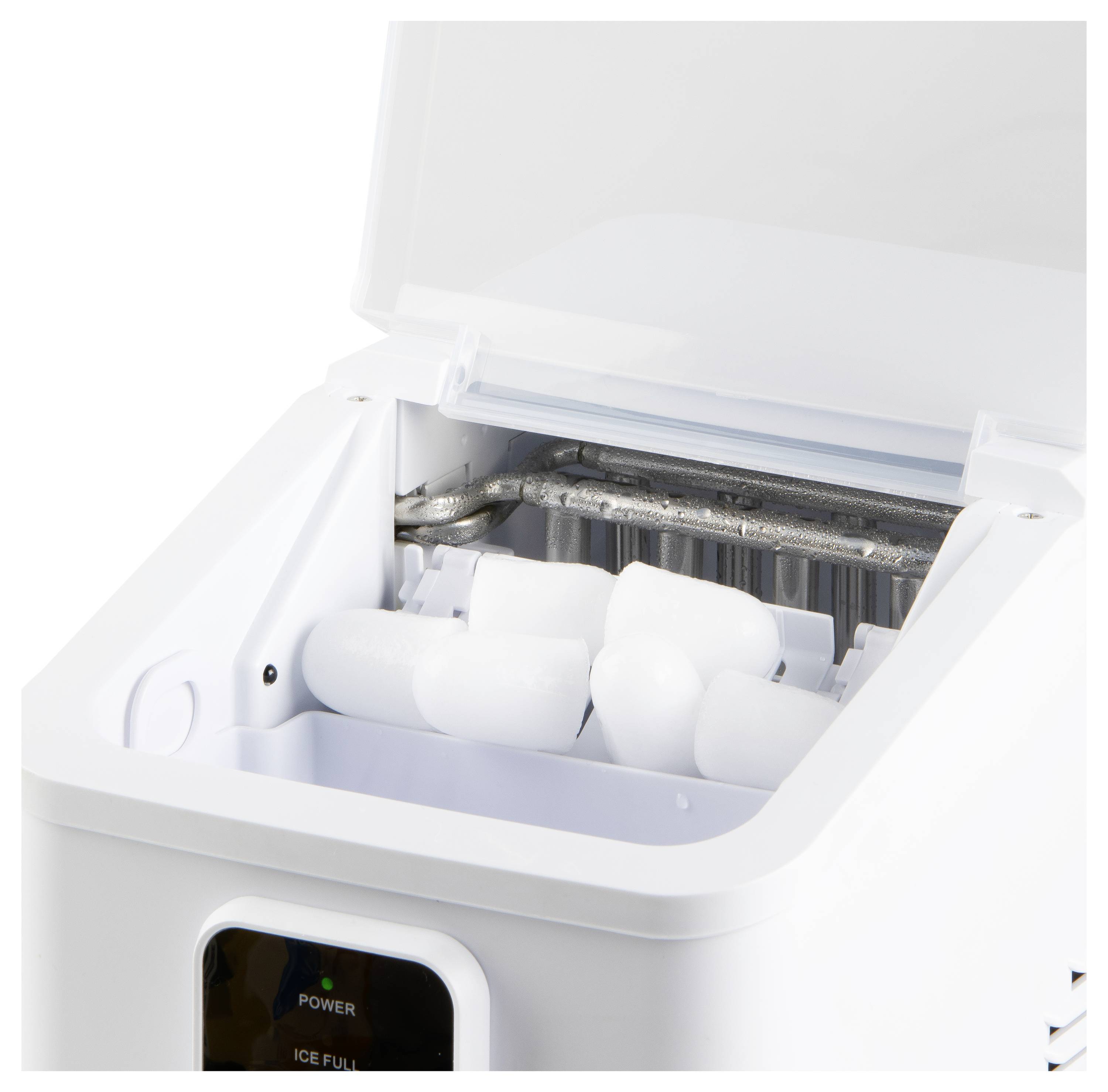 An ice maker with an open lid showcasing freshly made ice cubes inside, highlighting the appliance's functionality and capacity.