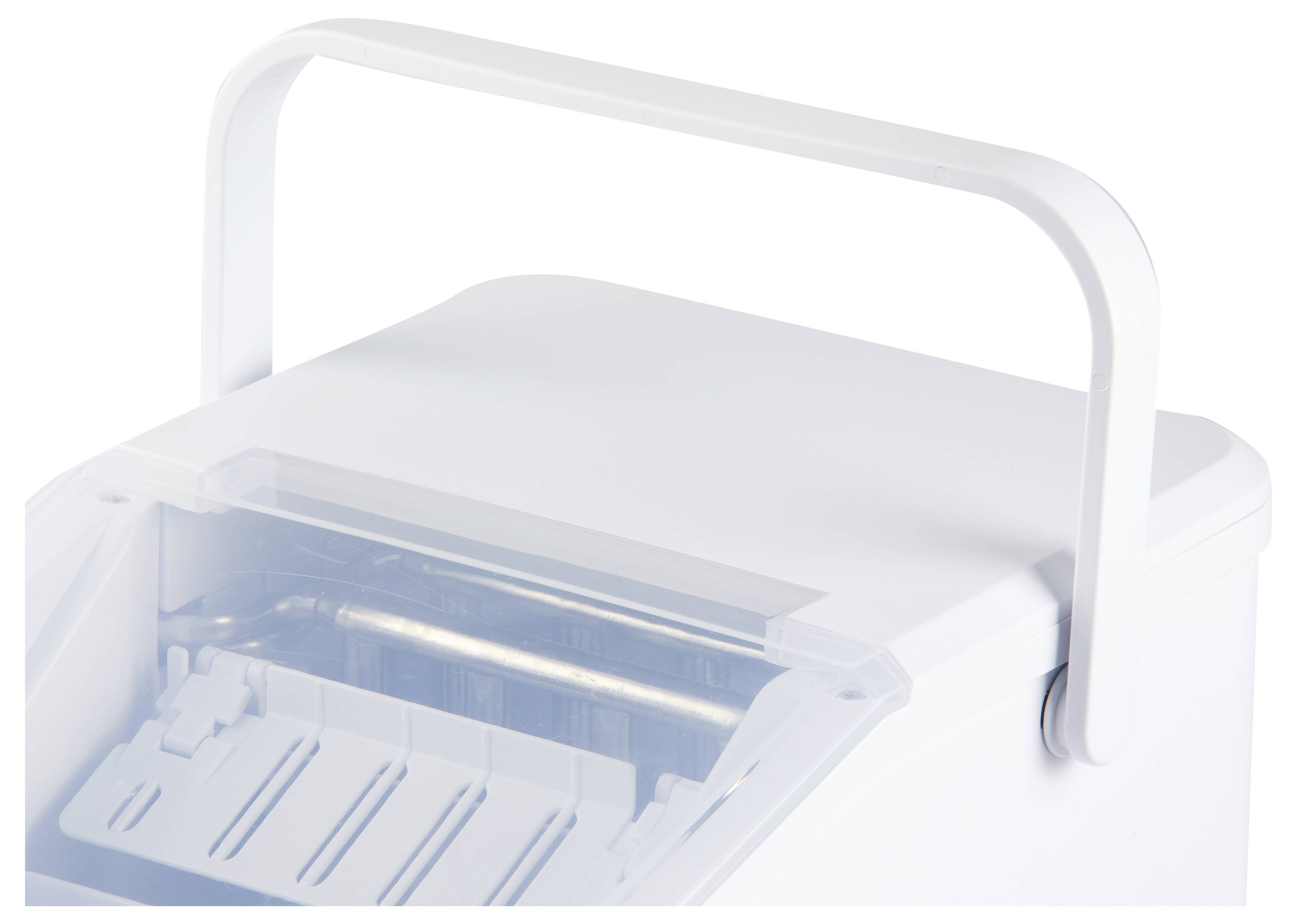 The image shows the top part of a white ice maker with a handle and transparent lid. The interior ice compartment is partially visible.