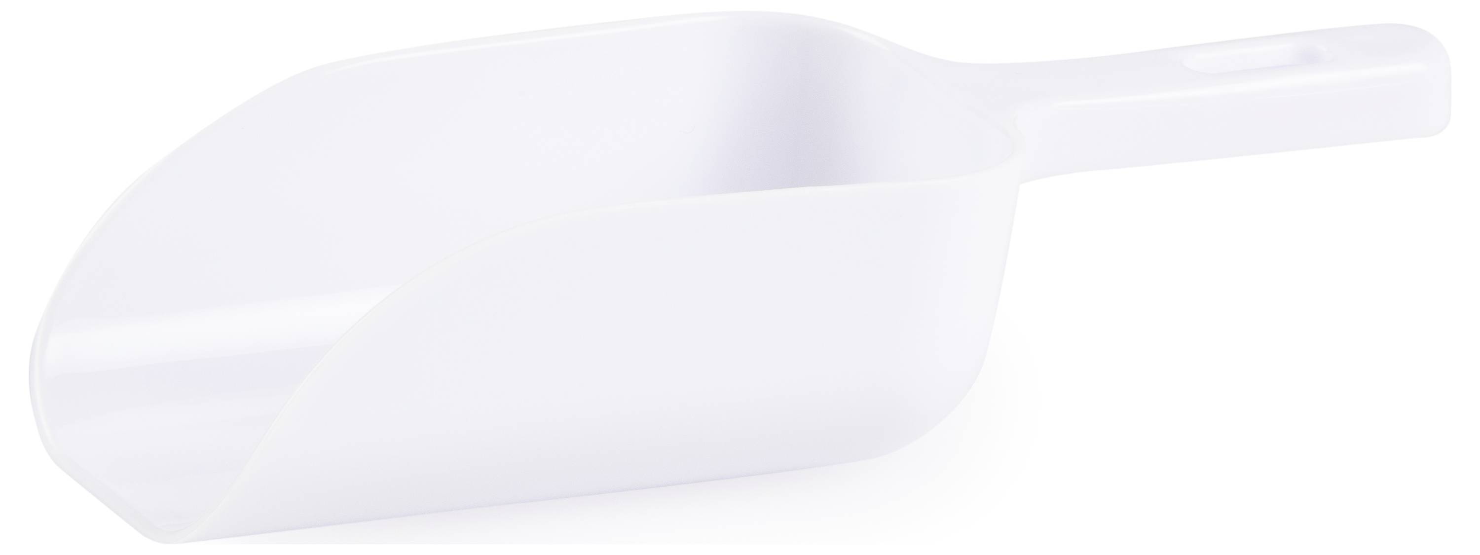 White plastic scoop with a wide, deep basin and a short handle, used for scooping dry goods like flour or grains.