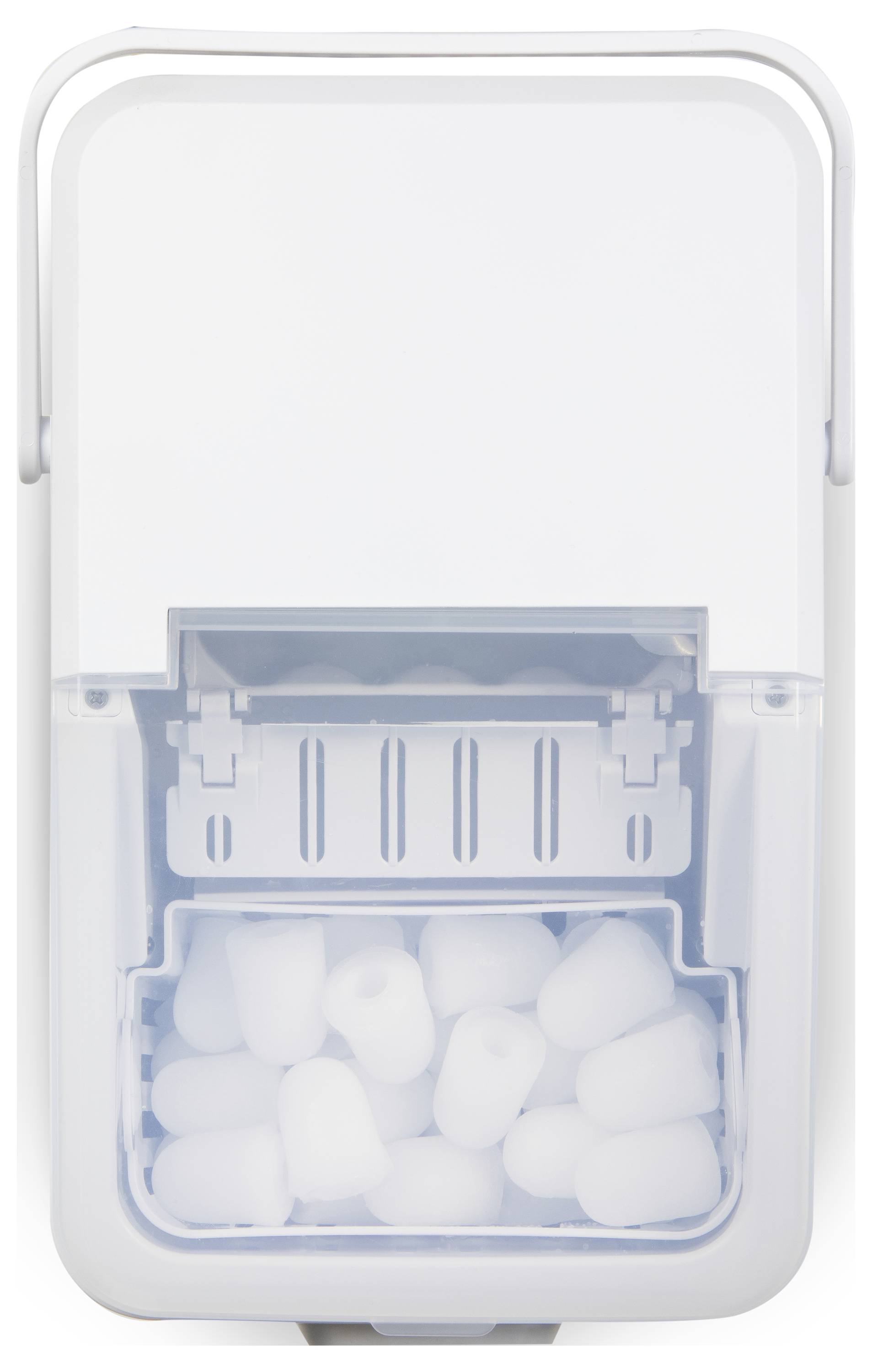 Ice maker producing small cylindrical ice cubes collected in a compartment.