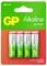 Four AA-alkaline batteries in a green and orange packaging with the inscription 'GP Alkaline Battery - Long Lasting Power'.