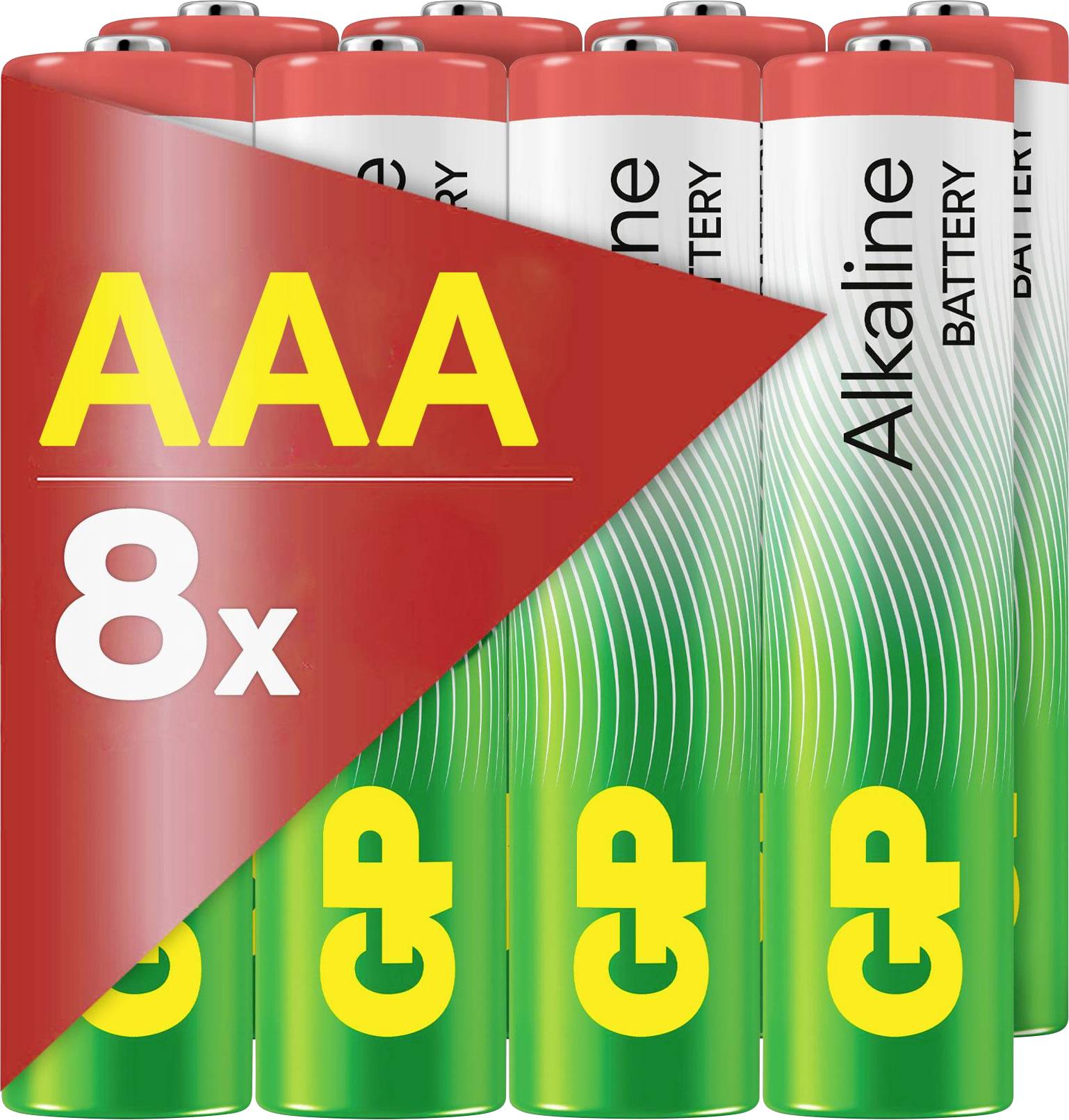 'AAA Alkaline Battery 8 Pack, green-red, batteries standing side by side with yellow markings'