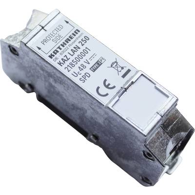 A close-up of a Kathrein surge protection device, model KAZ-LAN 250, showing technical specifications and certifications on its label.