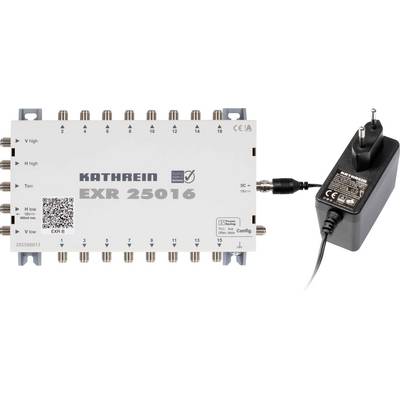 Satellite multiswitch 'Kathrein EXR 25016' with multiple input/output ports and a power adapter, designed for signal distribution.