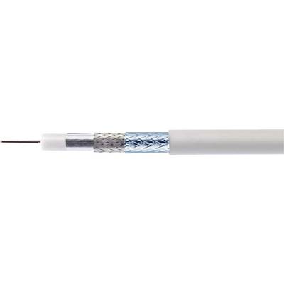 A close-up cross-section of a coaxial cable showing the conductive core, insulating layer, metal shield, and outer protective jacket.